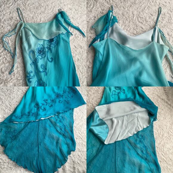 Cache beaded sequin floral slip dress Elsa ombre blue asymmetric fairy prom M - Picture 12 of 16